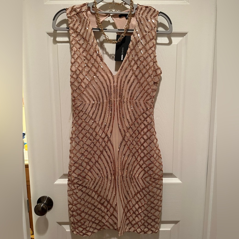 Rose gold sequins open back dress